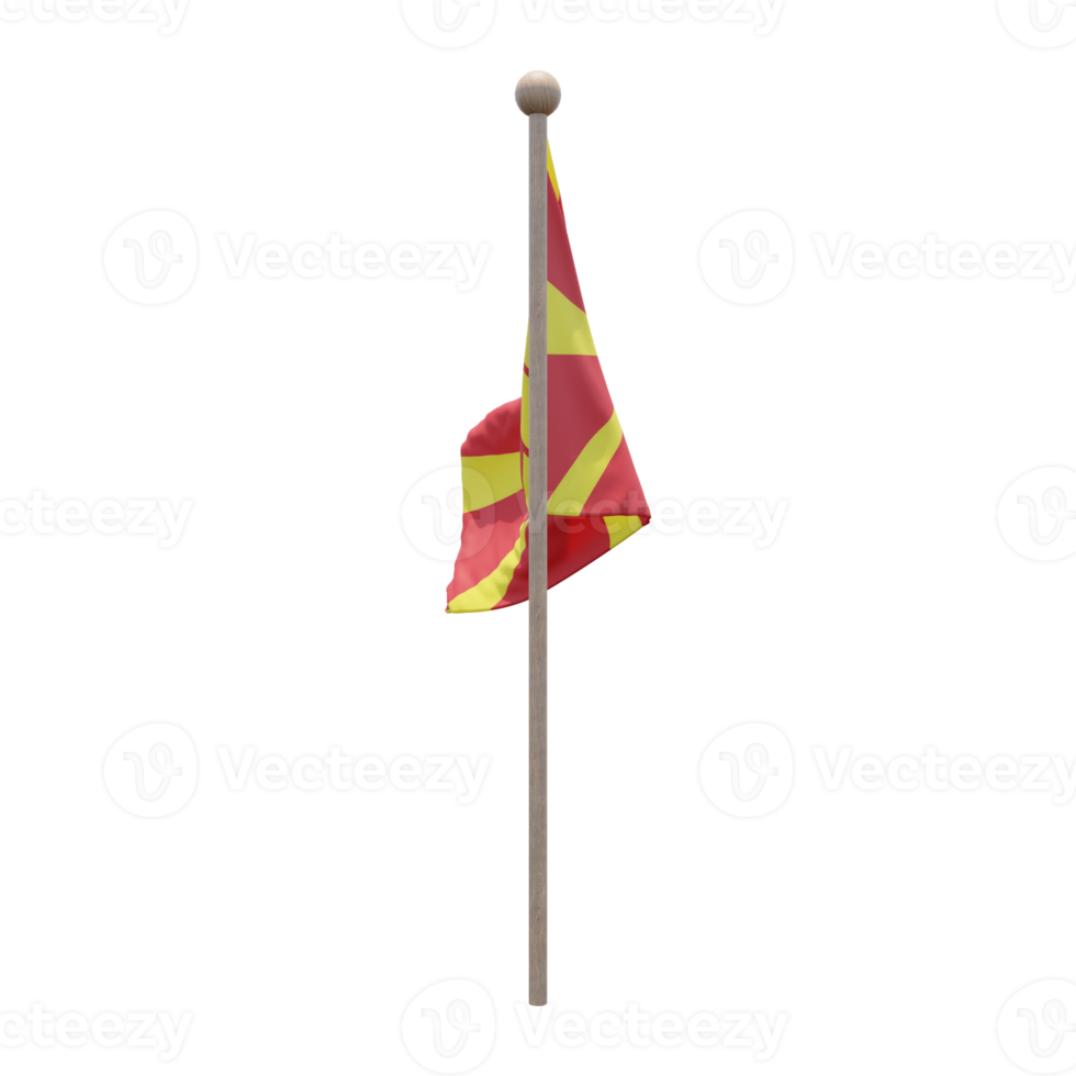 North Macedonia 3d illustration flag on pole. Wood flagpole png