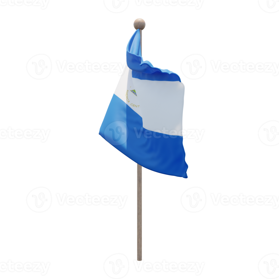 Nicaragua 3d illustration flag on pole. Wood flagpole png