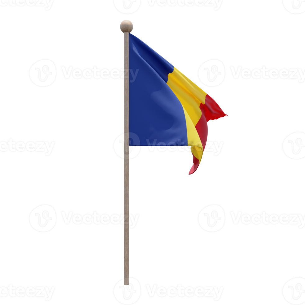 Romania 3d illustration flag on pole. Wood flagpole png