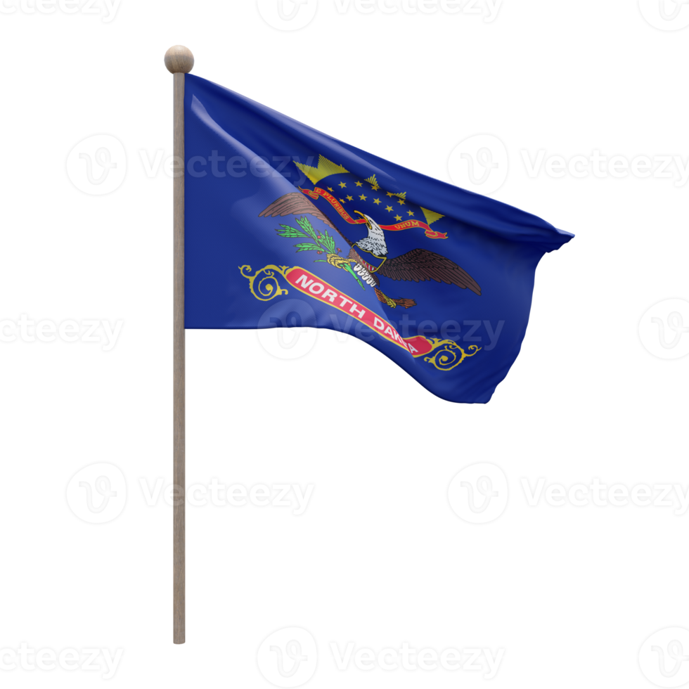 North Dakota 3d illustration flag on pole. Wood flagpole png
