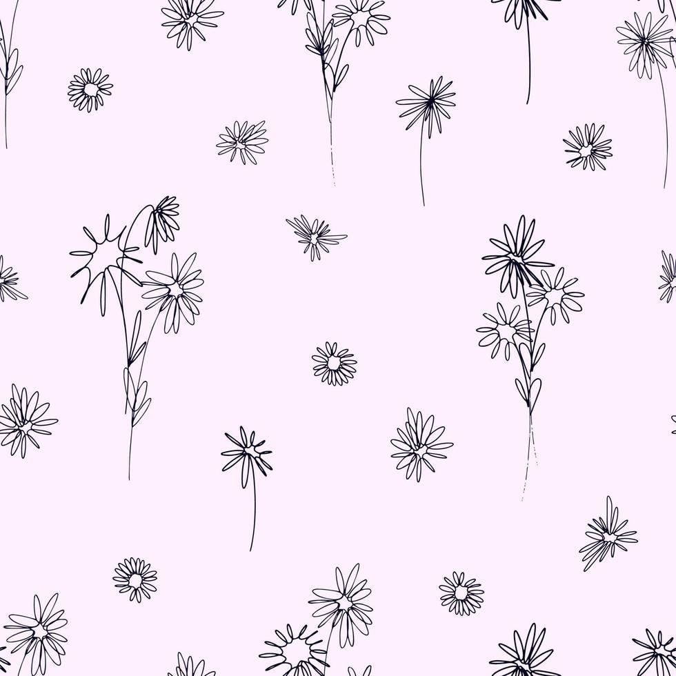 Seamless pattern vector graphic chamomile flowers in line-art style.