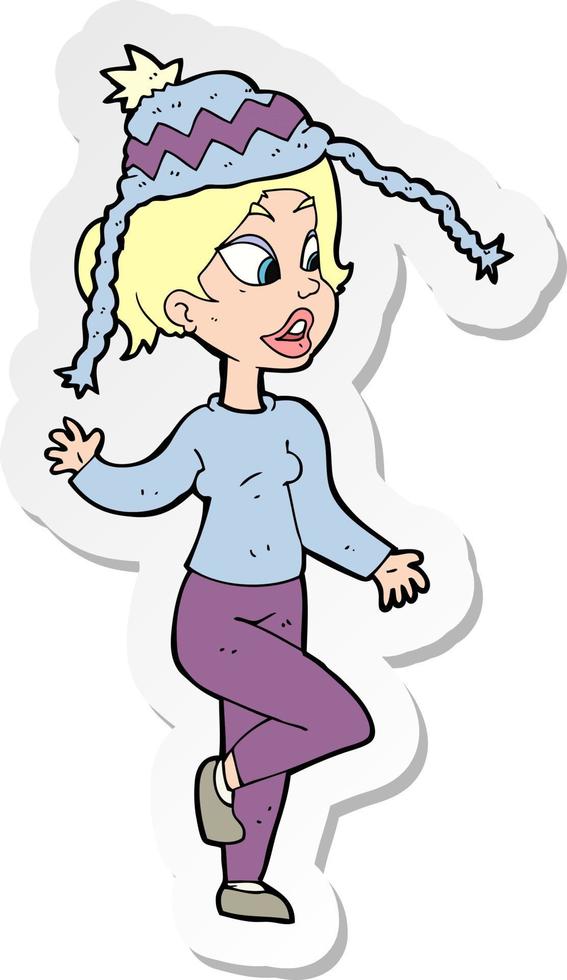 sticker of a cartoon woman in knitted hat vector