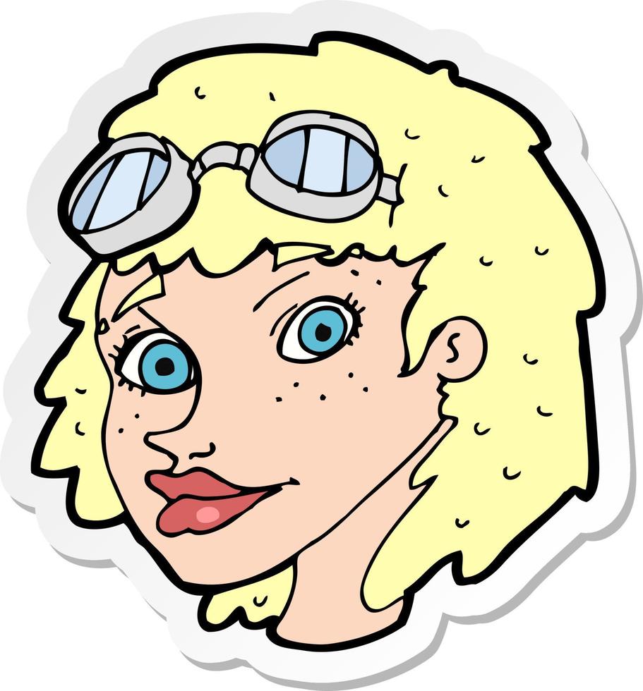 sticker of a cartoon happy woman wearing aviator goggles vector
