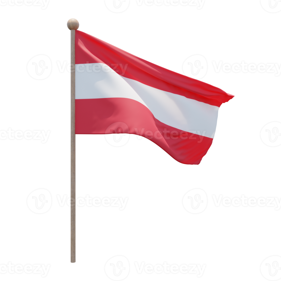 Austria 3d illustration flag on pole. Wood flagpole png