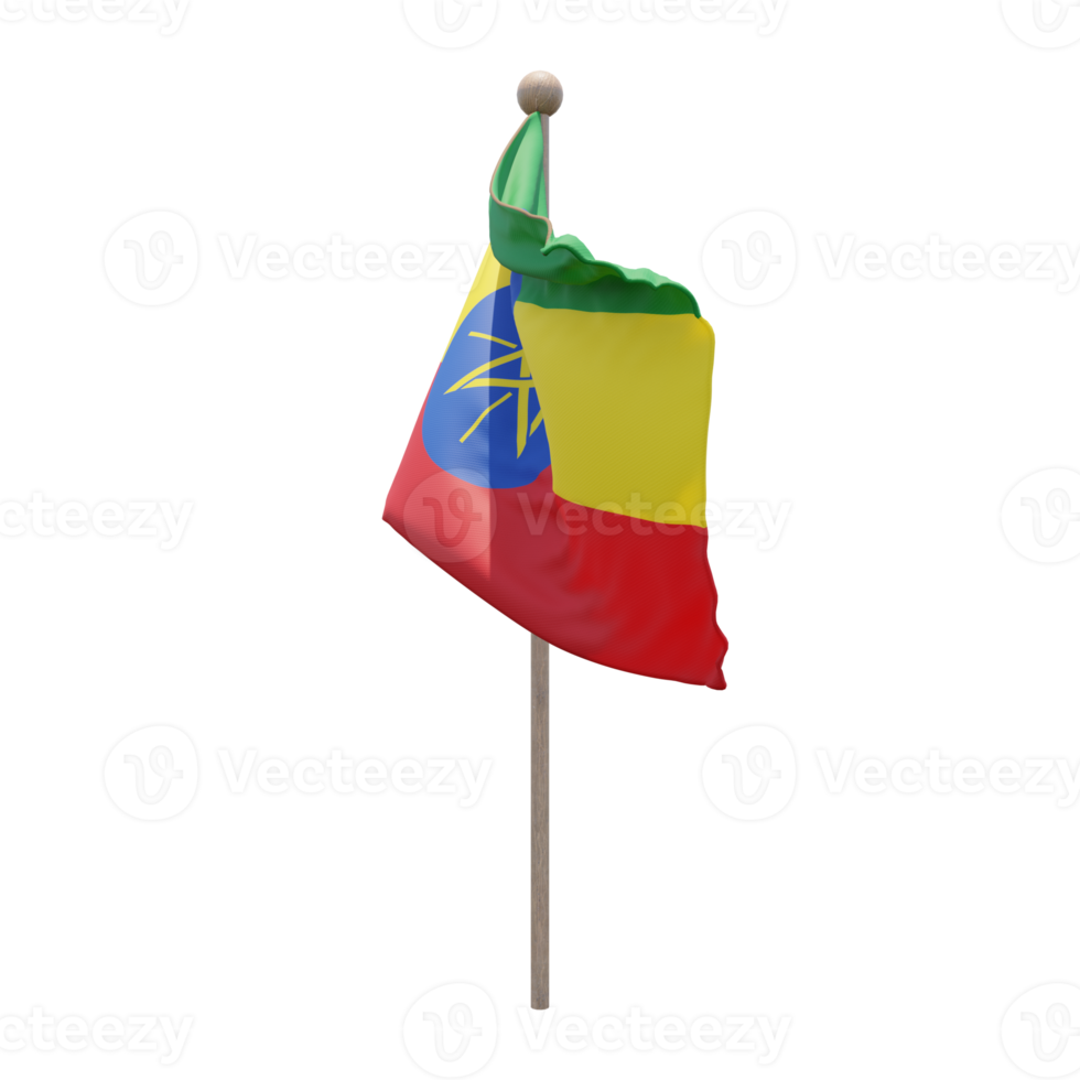 Ethiopia 3d illustration flag on pole. Wood flagpole png