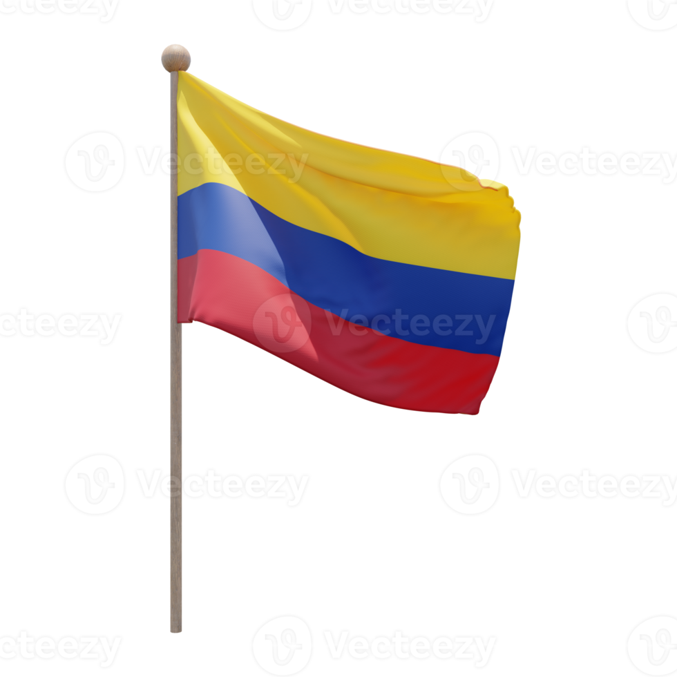 Colombia 3d illustration flag on pole. Wood flagpole png