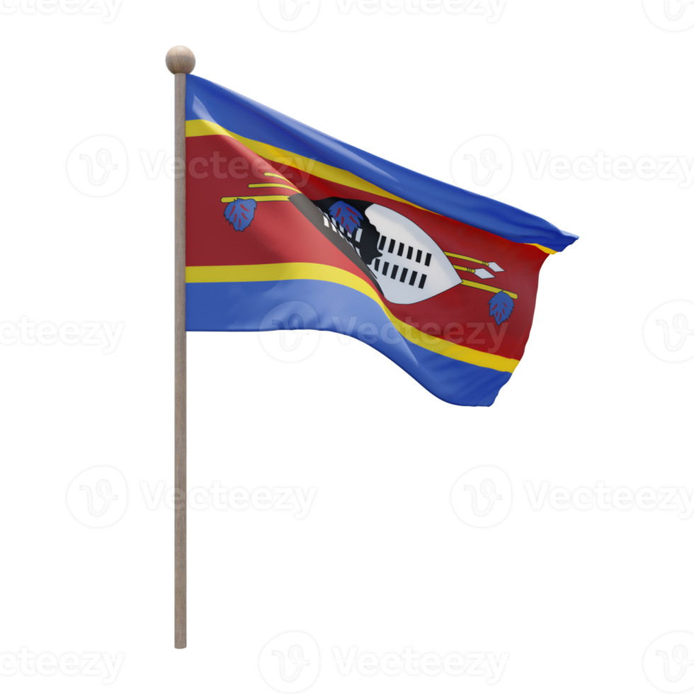 Eswatini 3d illustration flag on pole. Wood flagpole png