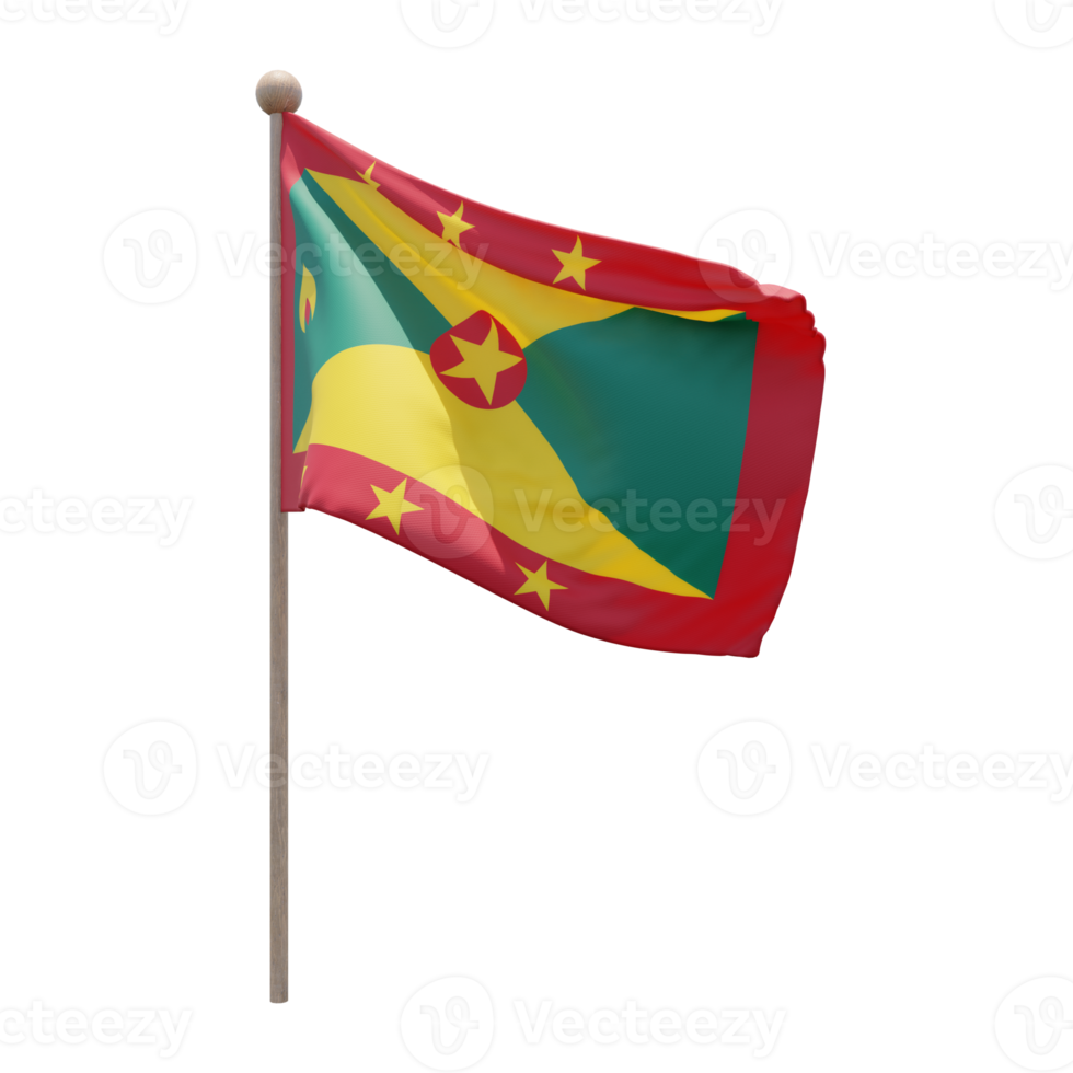 Grenada 3d illustration flag on pole. Wood flagpole png