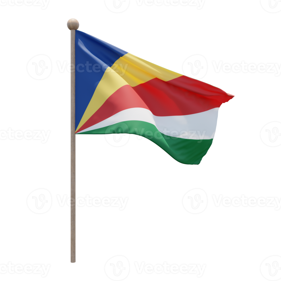 Seychelles 3d illustration flag on pole. Wood flagpole png