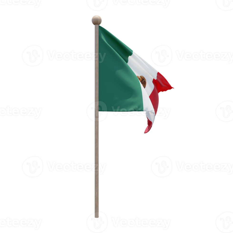 Mexico 3d illustration flag on pole. Wood flagpole png