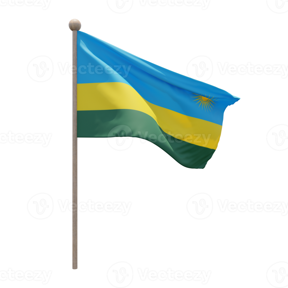 Rwanda 3d illustration flag on pole. Wood flagpole png