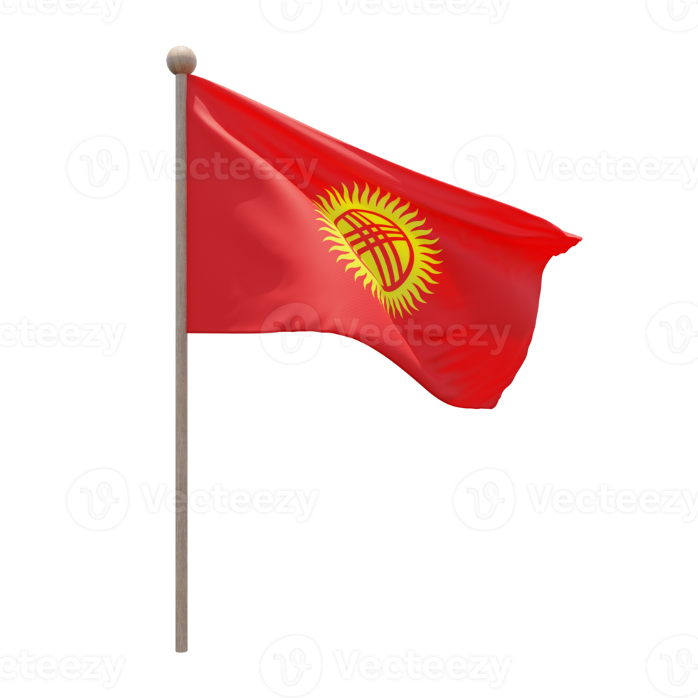 Kyrgyzstan 3d illustration flag on pole. Wood flagpole png