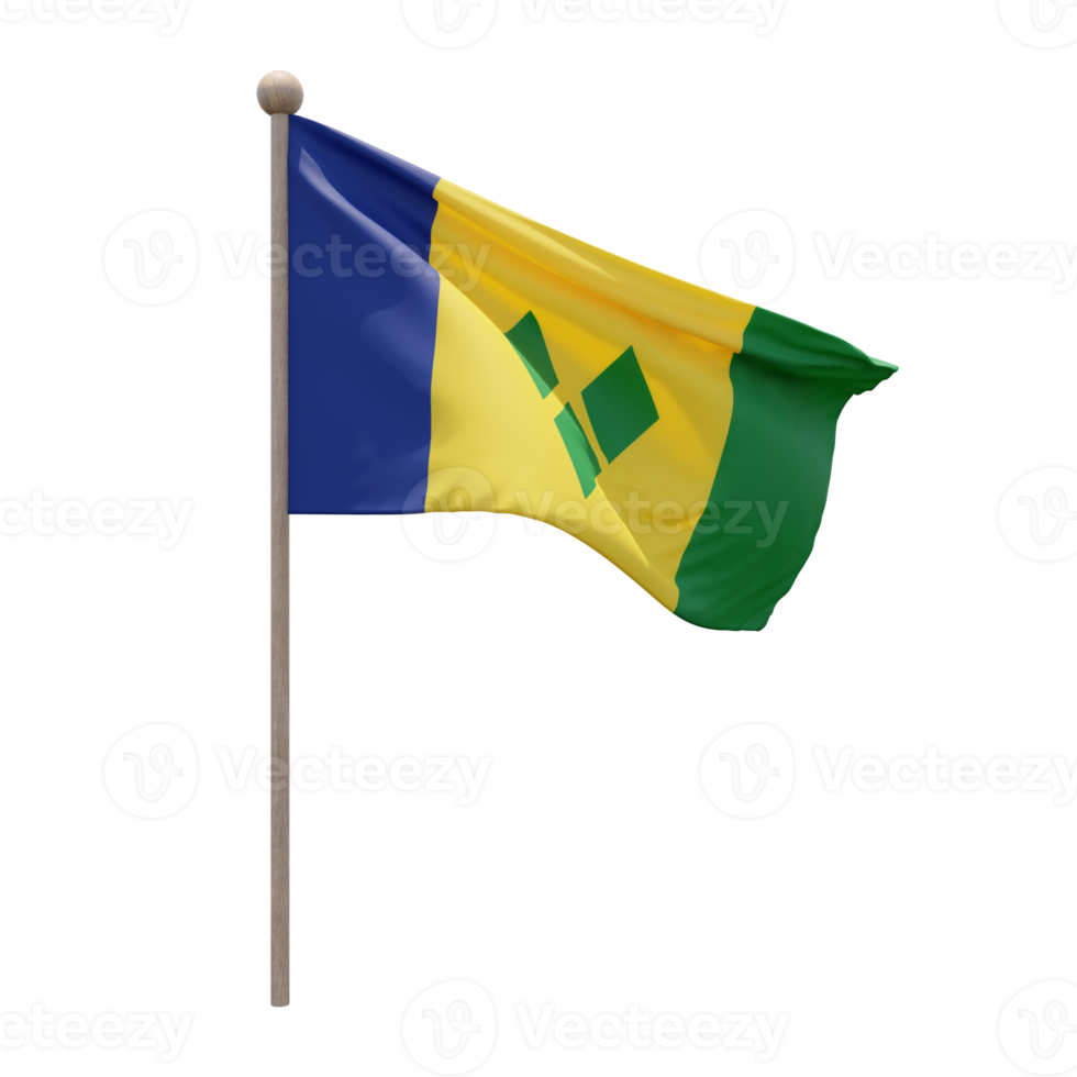 St. Vincent und die Grenadinen 3D-Darstellung Flagge auf der Stange. Fahnenmast aus Holz png