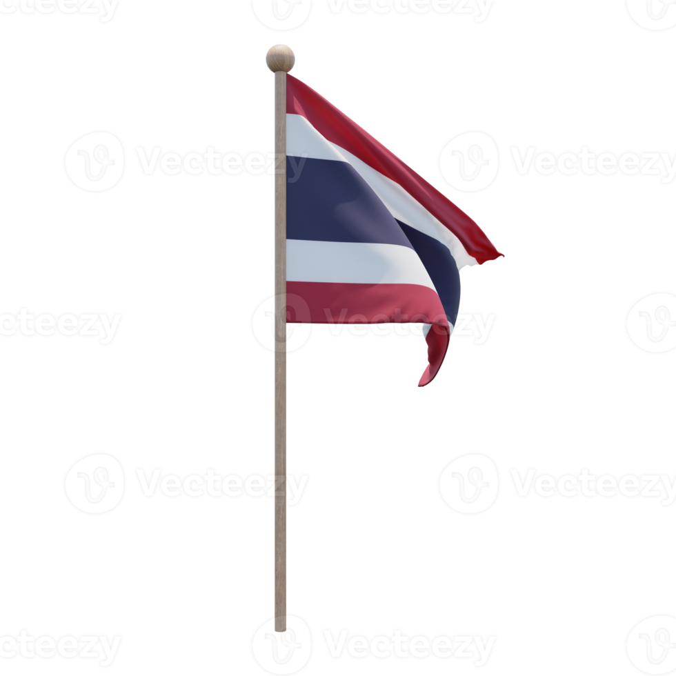 Thailand 3d illustration flag on pole. Wood flagpole png