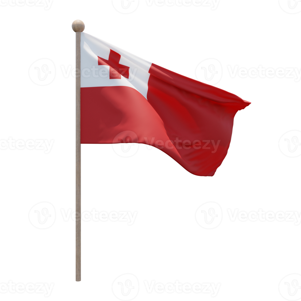 Tonga 3d illustration flag on pole. Wood flagpole png