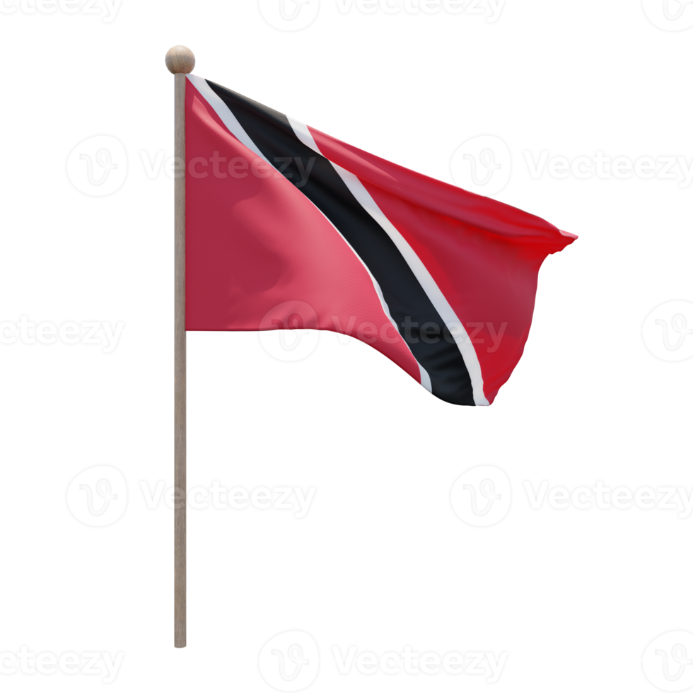 Trinidad and Tobago 3d illustration flag on pole. Wood flagpole png