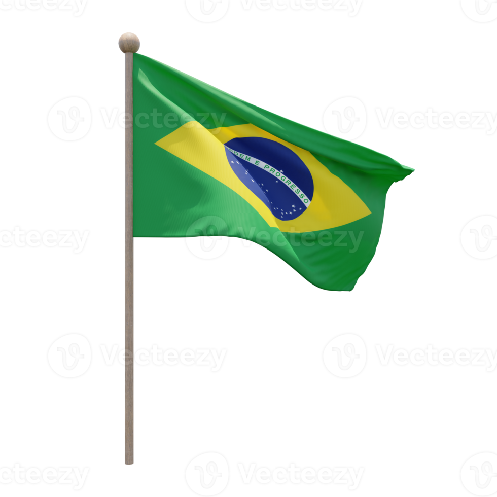 brasilien 3d-illustration flagge auf der stange. Fahnenmast aus Holz png