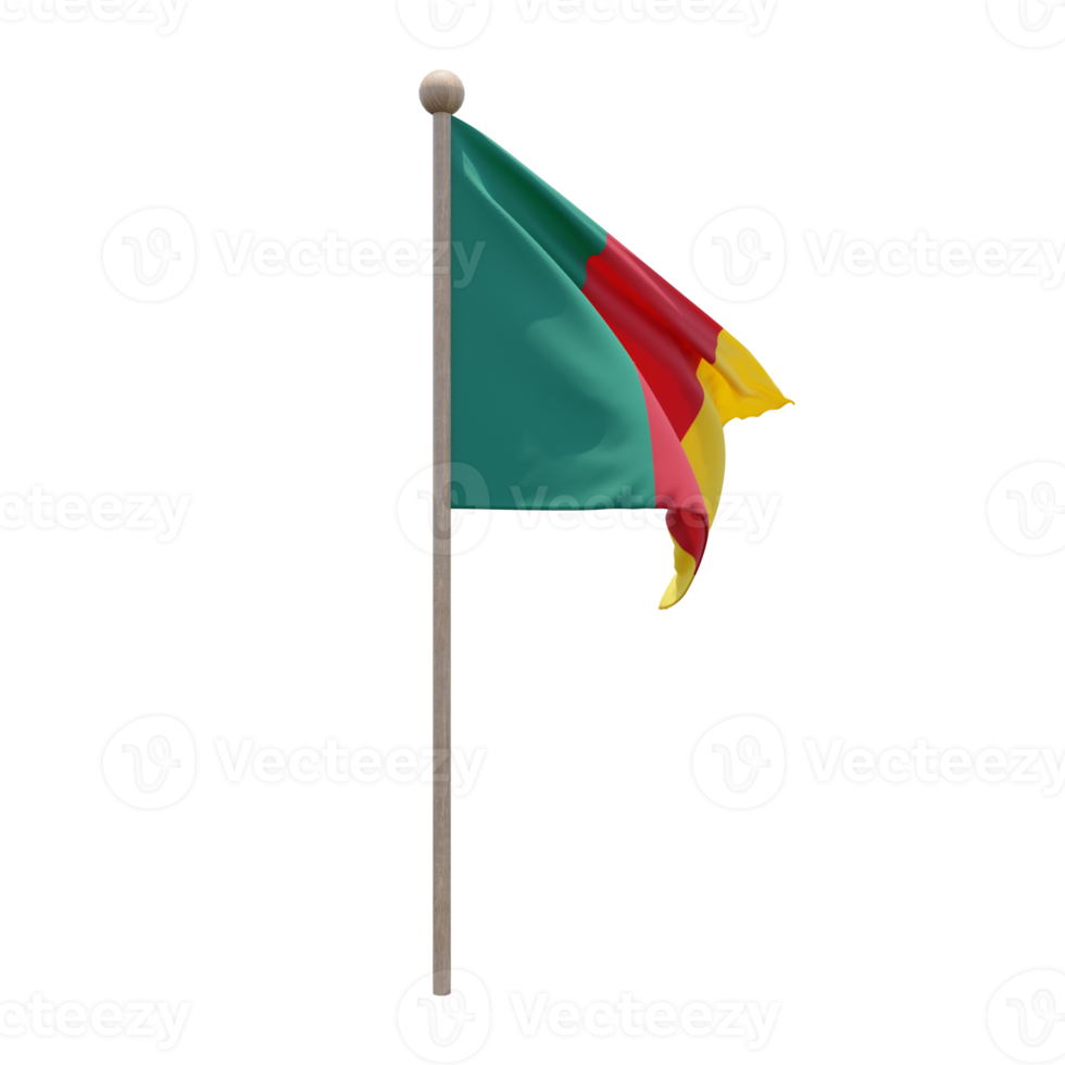 Cameroon 3d illustration flag on pole. Wood flagpole png