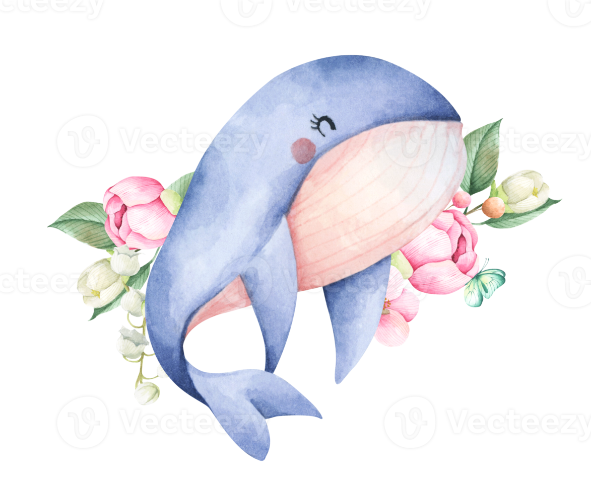 Watercolor composition with blue whale and flowers. Underwater animal art. png