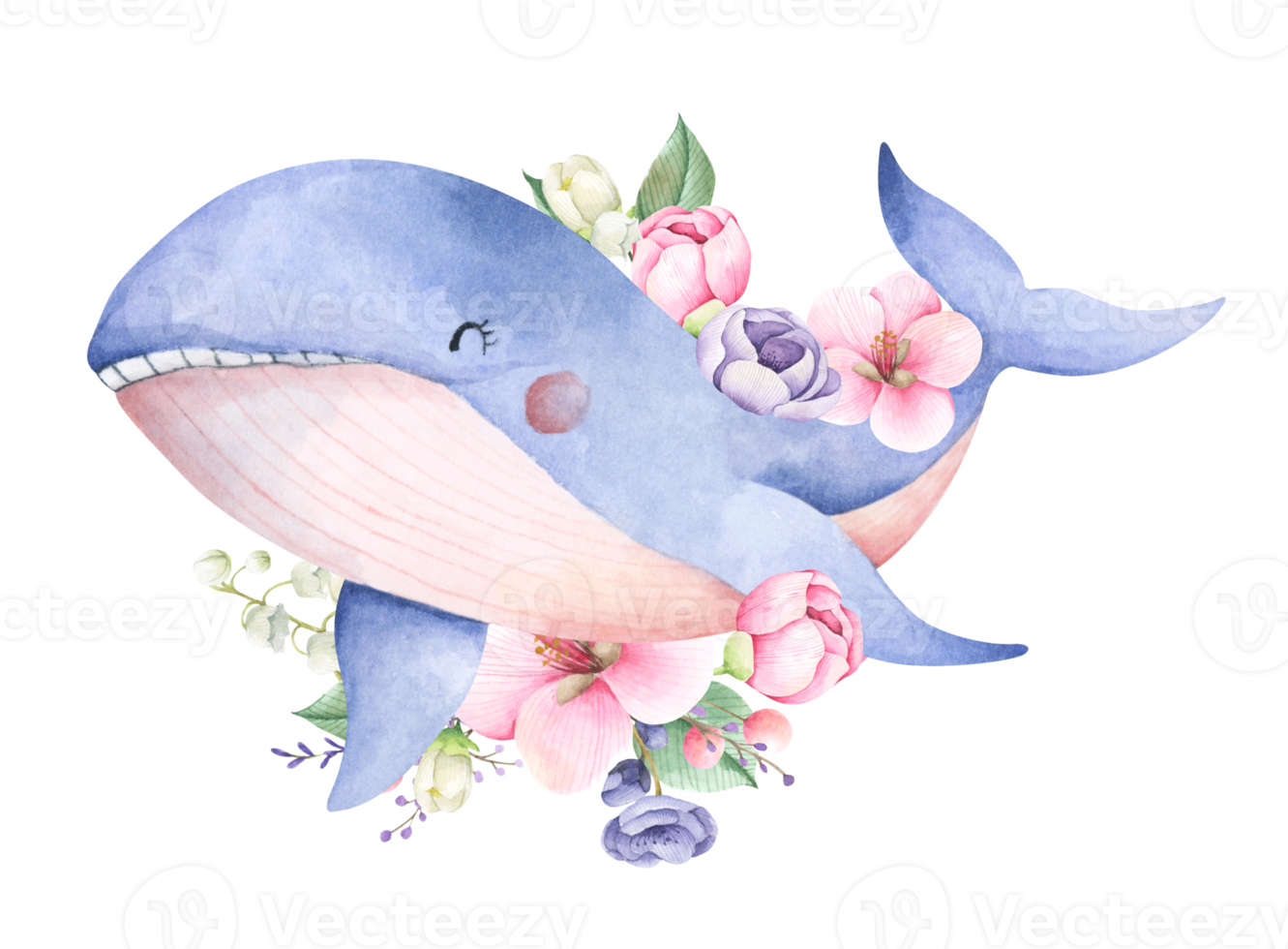 Watercolor composition with blue whale and flowers. Underwater animal art. png