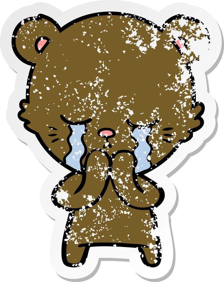 distressed sticker of a crying cartoon bear vector