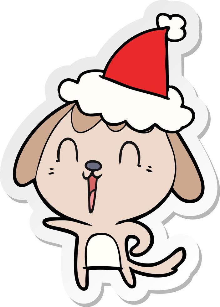 Linda pegatina de dibujos animados de un perro con gorro de Papá Noel vector