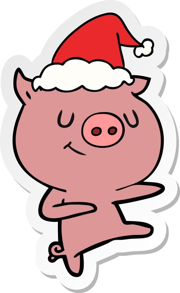 happy sticker cartoon of a pig dancing wearing santa hat vector