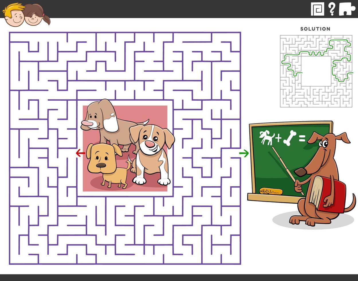 maze with cartoon puppies and teacher dog vector