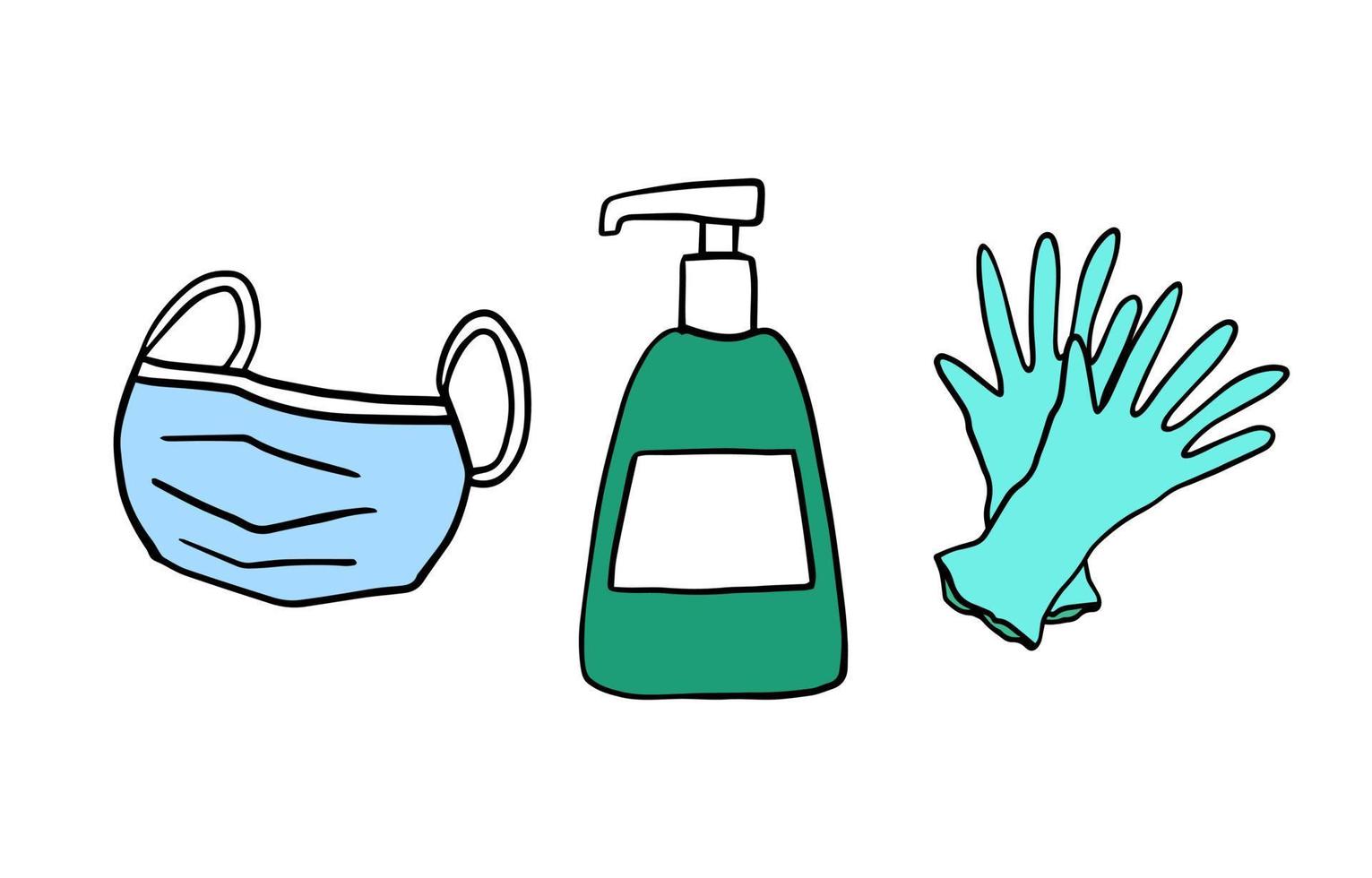 elementos de equipo de protección personal dibujados a mano: máscara facial, guantes de látex, dispensador de jabón. ilustración vectorial aislado sobre fondo blanco vector