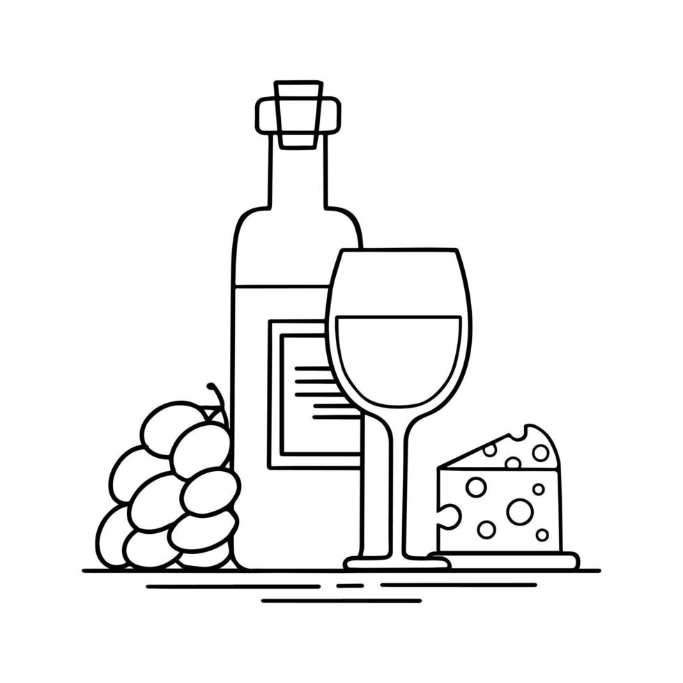 conjunto gourmet de vino. vaso, racimo de uvas y queso. ilustración de vector de contorno de garabato negro. concepto de diseño para menú, afiche, web, aplicaciones