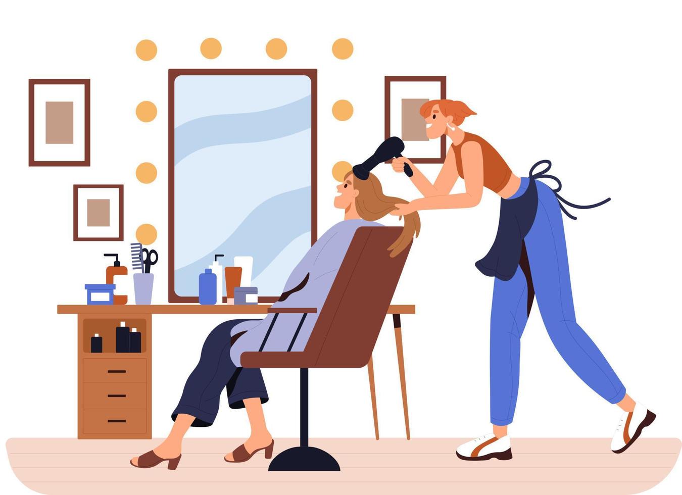 Hairdress drying clint hair with a hairdryer. Stylist and customer in the beauty salon. Haircut, hair styling, hairstlist. Flat vector illustration.