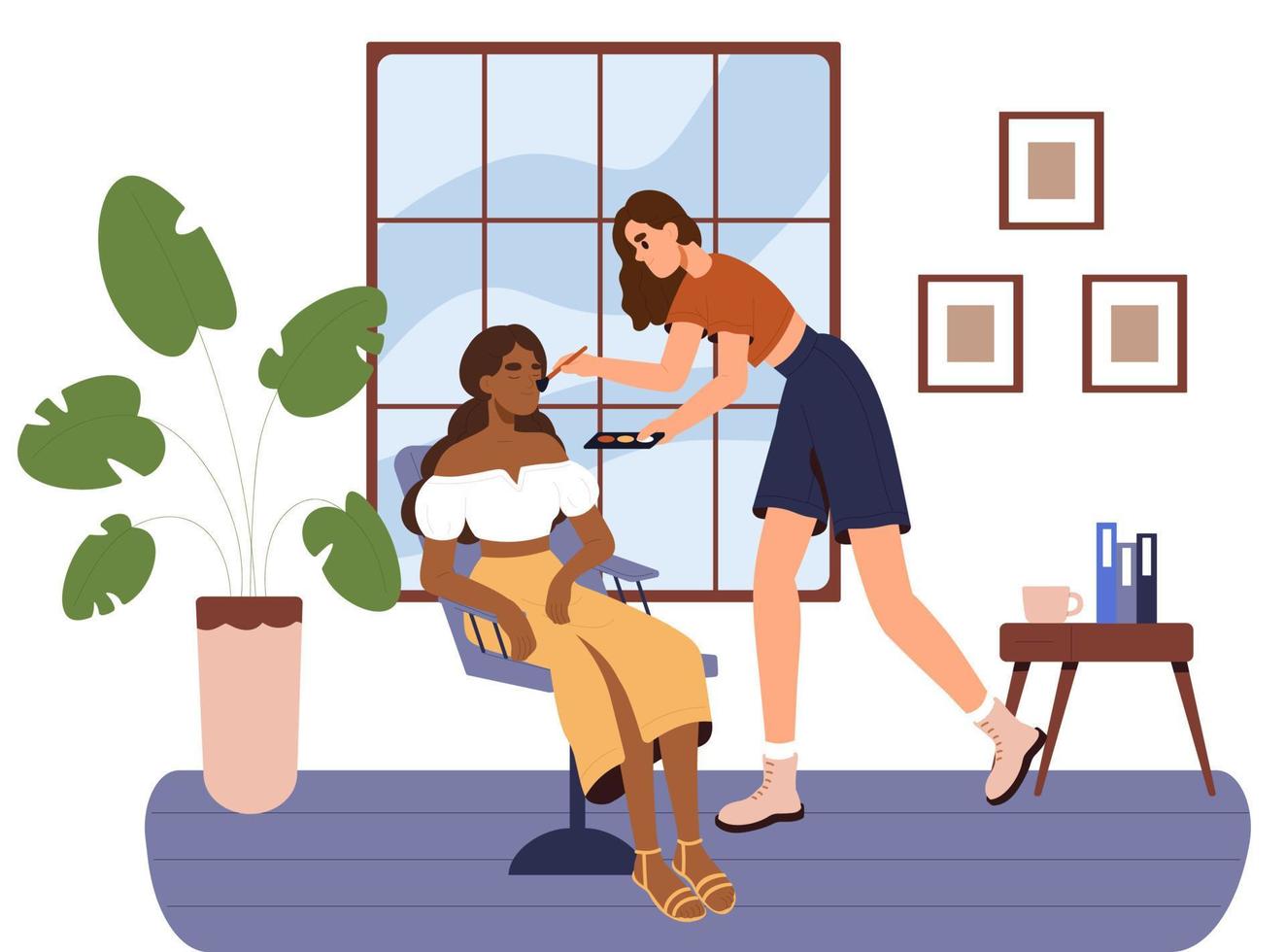 Makeup artist applying makeup to a client. Stylist and a customer. Beauty salon interior. Flat vector illustration.