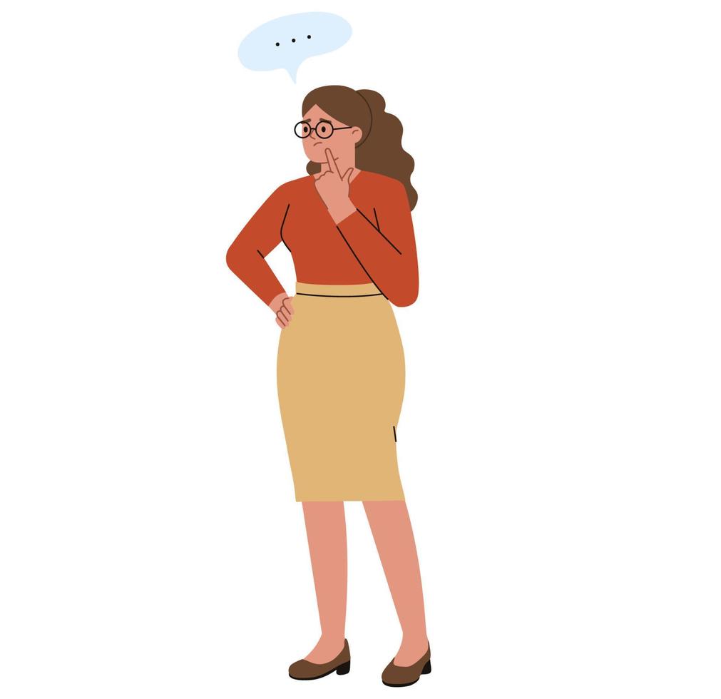 Thinking woman. Girl in pensive mood. Character. Cartoon. Standing girl. vector