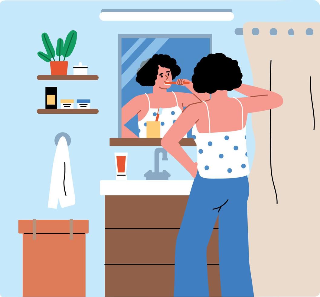 Young woman stadng in front of mirror and brushing teeth. Bathroom. Daily routine. Morning care. Girl cartoon. Flat vector illustration.