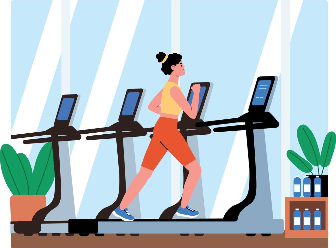 Young woman running on treadmill. Jogging in the gym, sport club. Girl working out. Cardio exercises, training. Cartoon flat vector illustration.