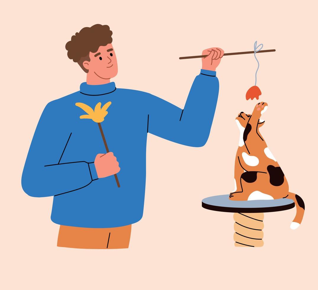Man playing with a colorful ginger furry cat. Friend pussy cat. Cute kitty. Pet cartoon flat vector illustration.