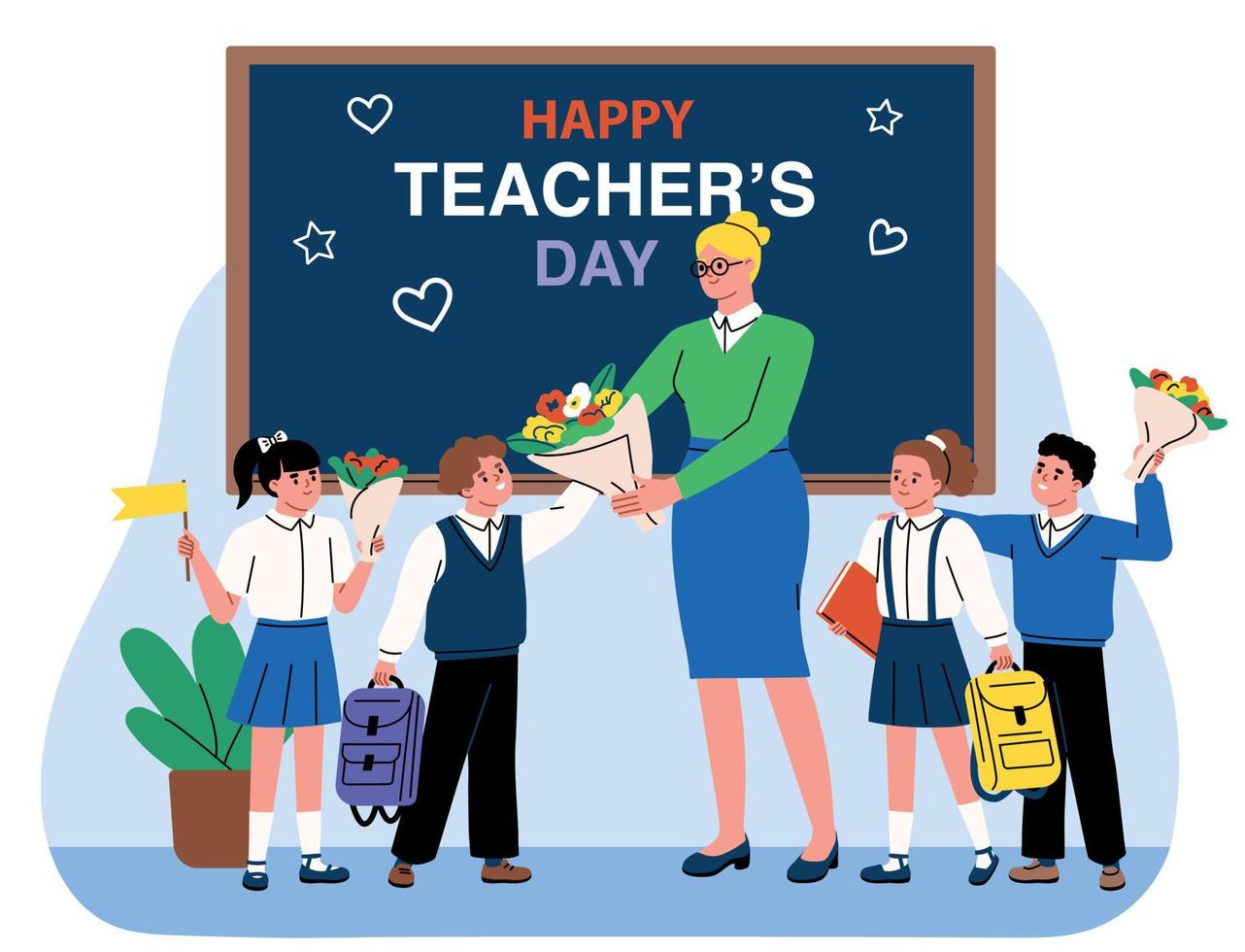 Happy teacher day vector illustration. Students giving flowers to teacher. Text on the blackboard. School children