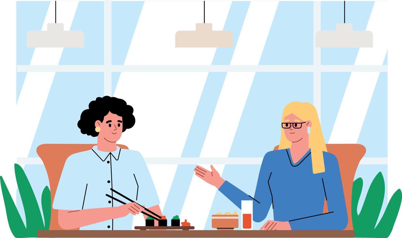 Women colleagues having lunch together in the cafe. Girlfriends, meeting, chat. Restaurant interior. Sushi on the table. Flat vector illustration