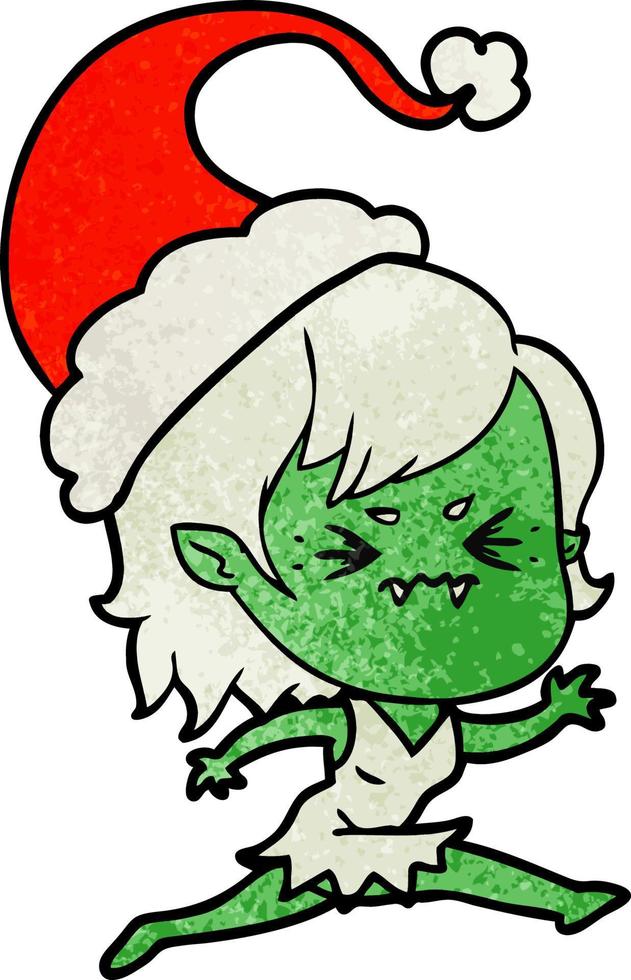 annoyed textured cartoon of a vampire girl wearing santa hat vector