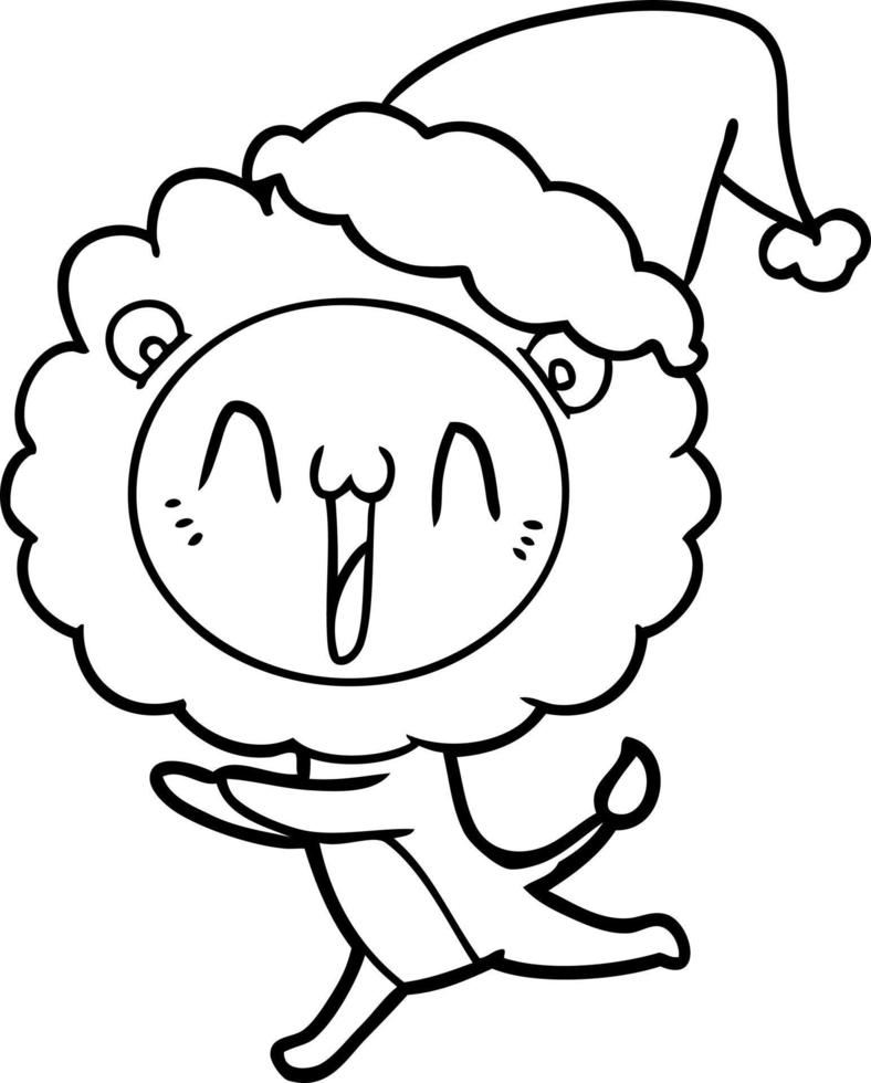 happy line drawing of a lion wearing santa hat vector