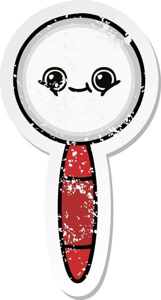 distressed sticker of a cute cartoon magnifying glass vector