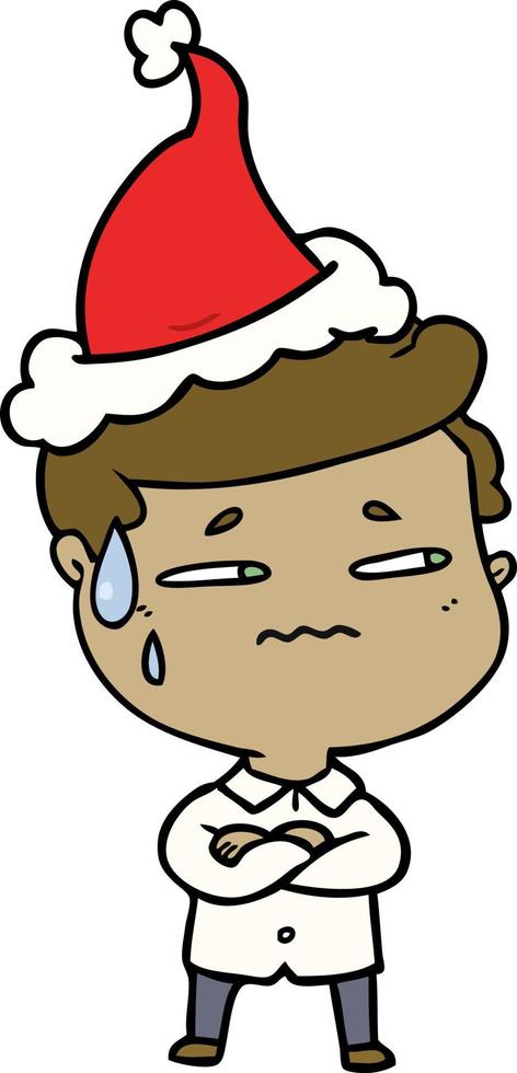 line drawing of a anxious man wearing santa hat vector
