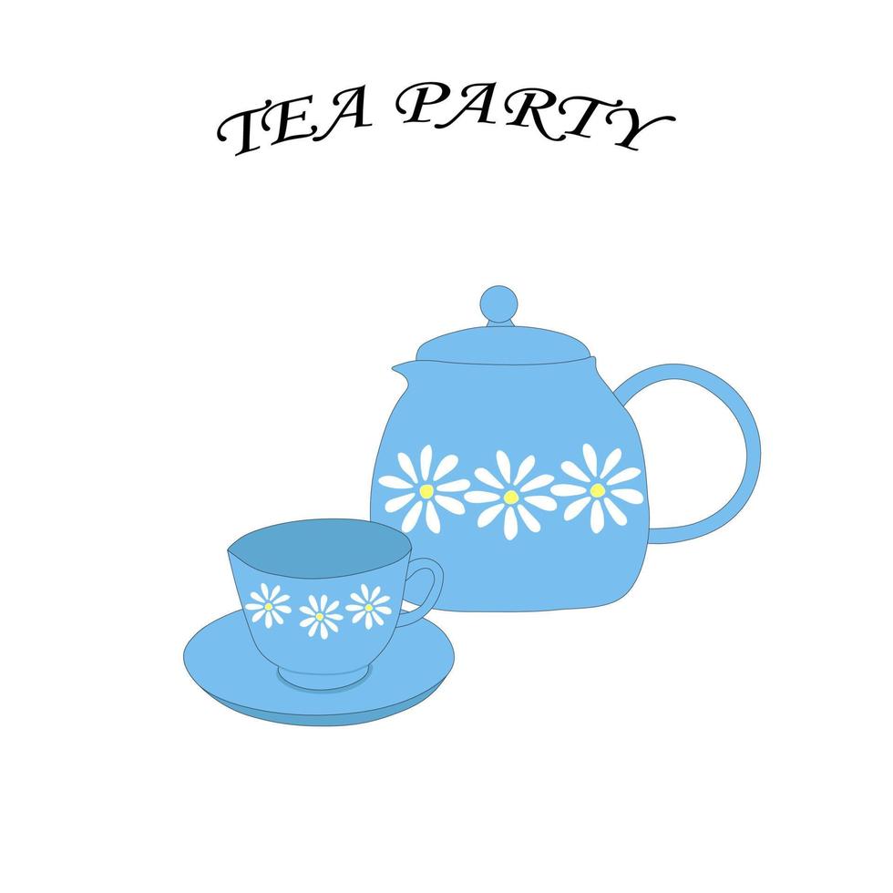 teapot teapot and blue cups set. Tea party vector illustration