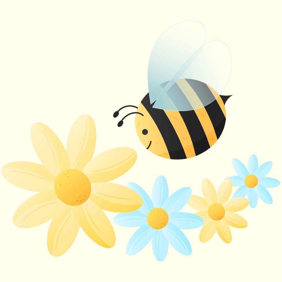 Cute cartoon bee flying over the flowers. Vector illustration. Cartoon character