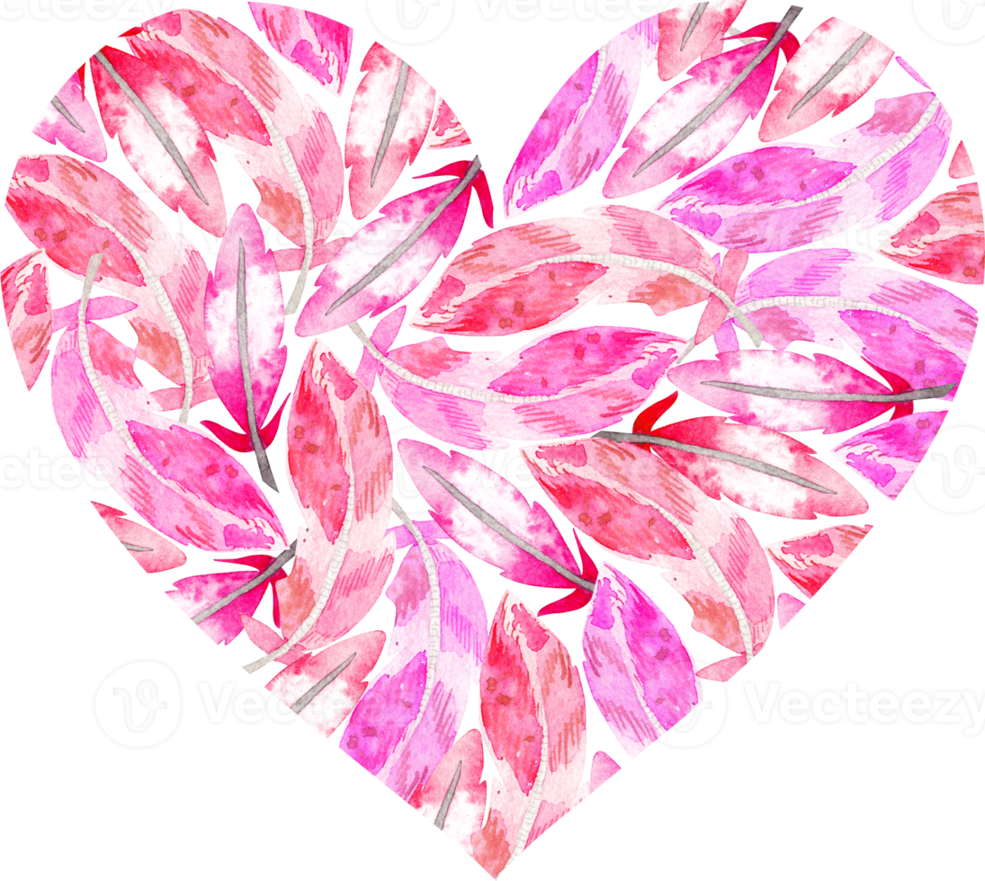 Beautiful heart made of watercolor pink feathers png