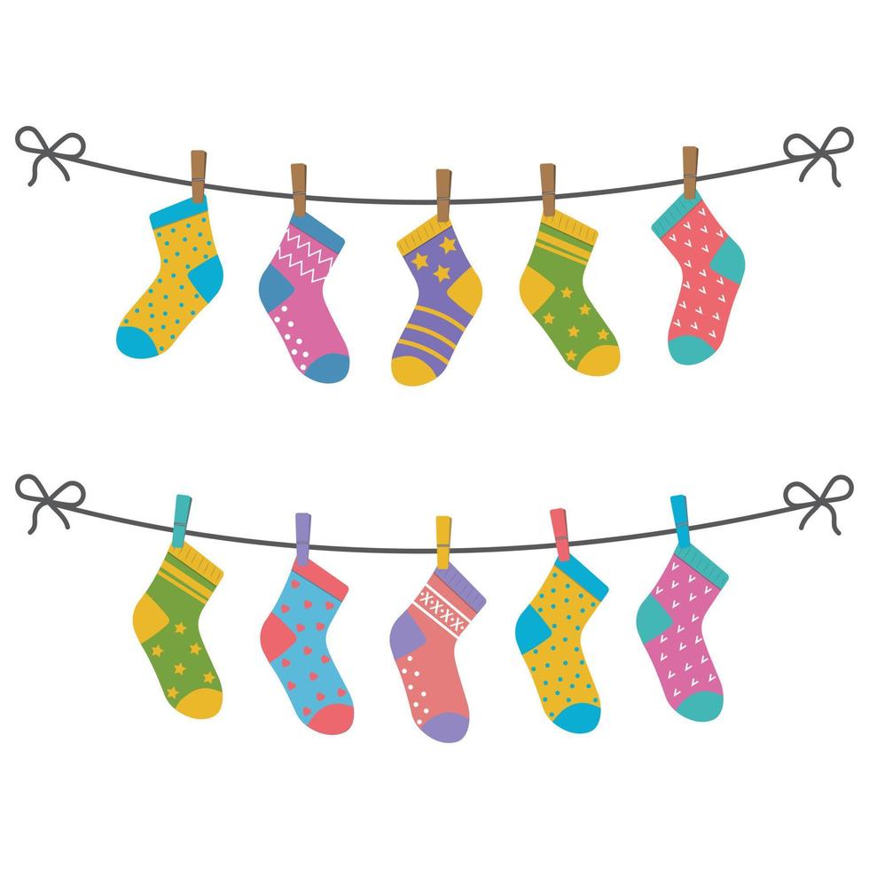 a set of children's socks are dried on a rope. flat vector illustration isolated on white background