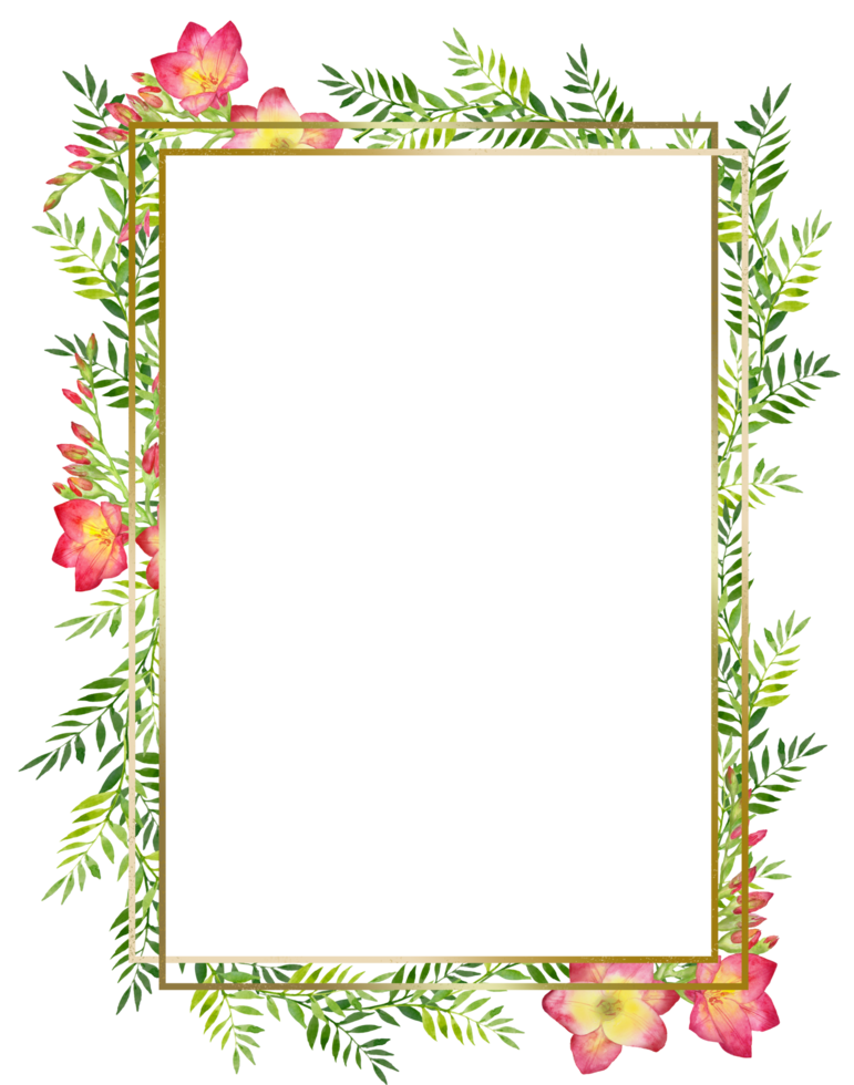 Watercolor illustration Square frame with green leaves and red freesia bouquet, branch with buds . for greeting cards, invitations, and other printing projects. Hand-painted floral illustration. png