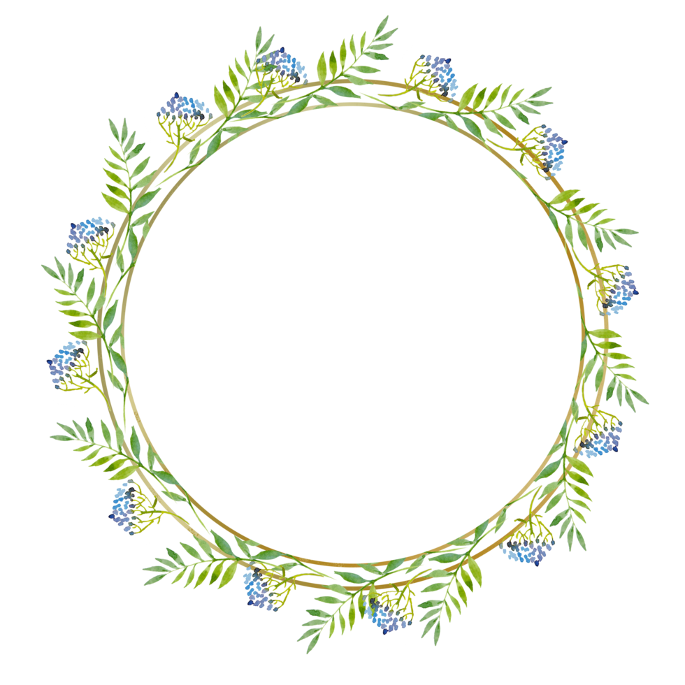 Watercolor illustration of wreath with green leaves in a gold round frame. Watercolor floral illustration. png