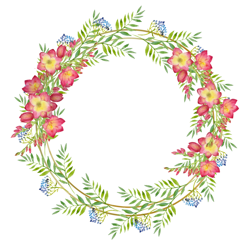 wreath with green leaves and red freesia flower in a gold round frame. Watercolor floral illustration png