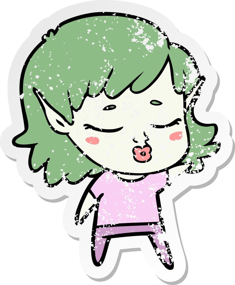 distressed sticker of a pretty cartoon elf girl vector